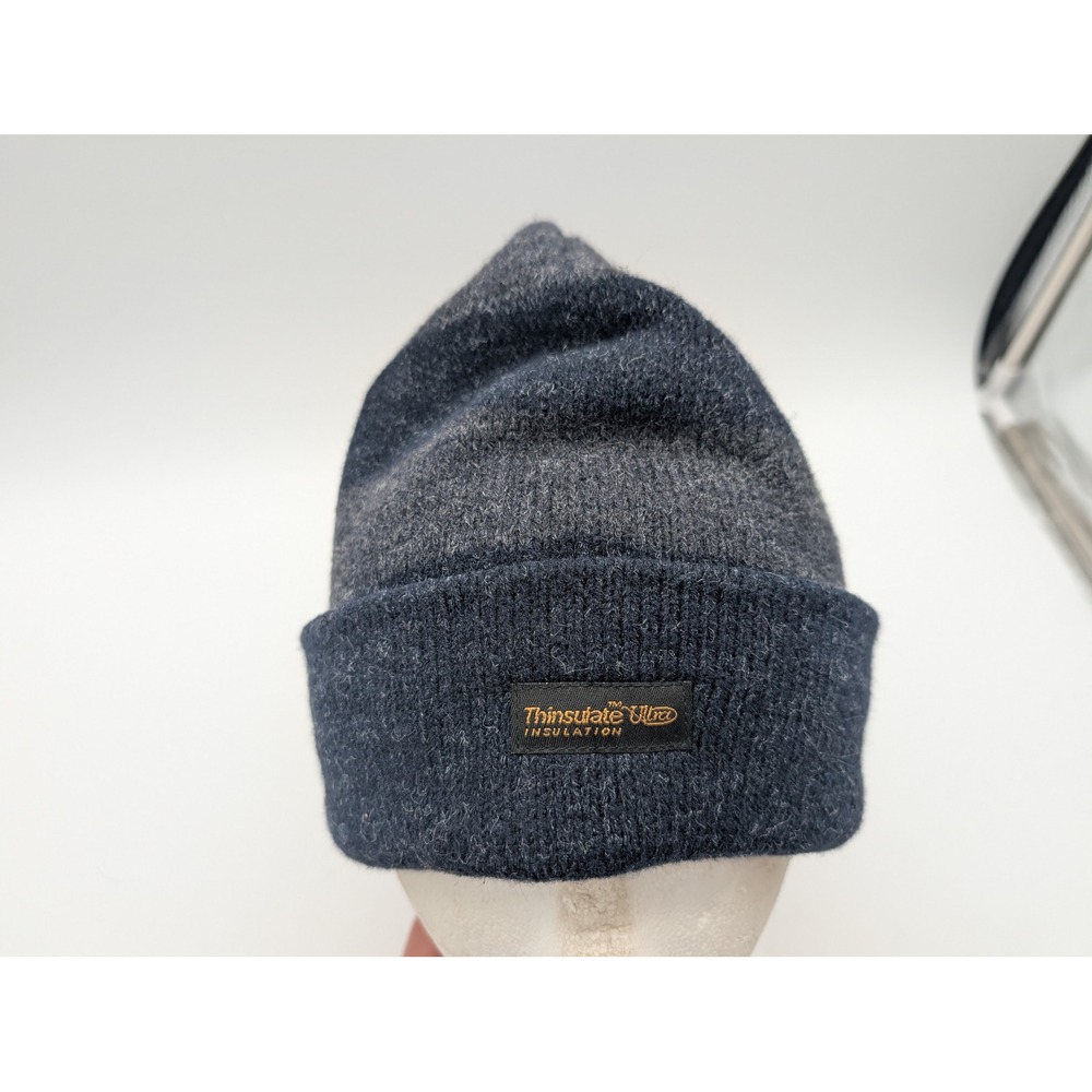 Mens Thinsulate Ultra Insulation Knit Beanie Hat Navy Grey Striped Wool Blend